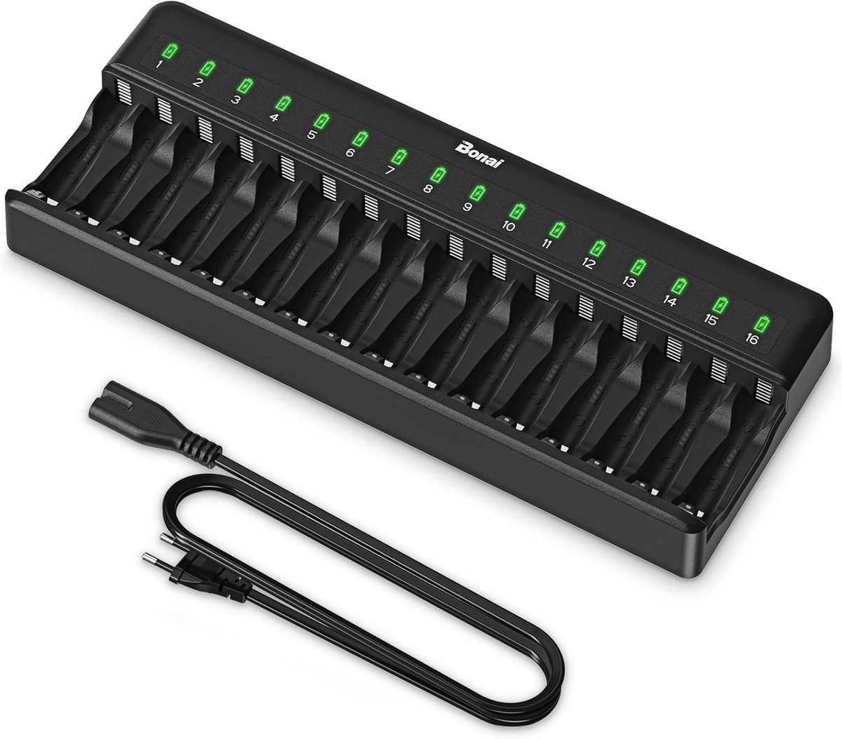 Thijox - BONAI Batterijlader 16 Slots voor Ni-MH AA AAA Batterijen - Slimme Oplader met Automatische Detectie Niet-Oplaadbare Batterijen