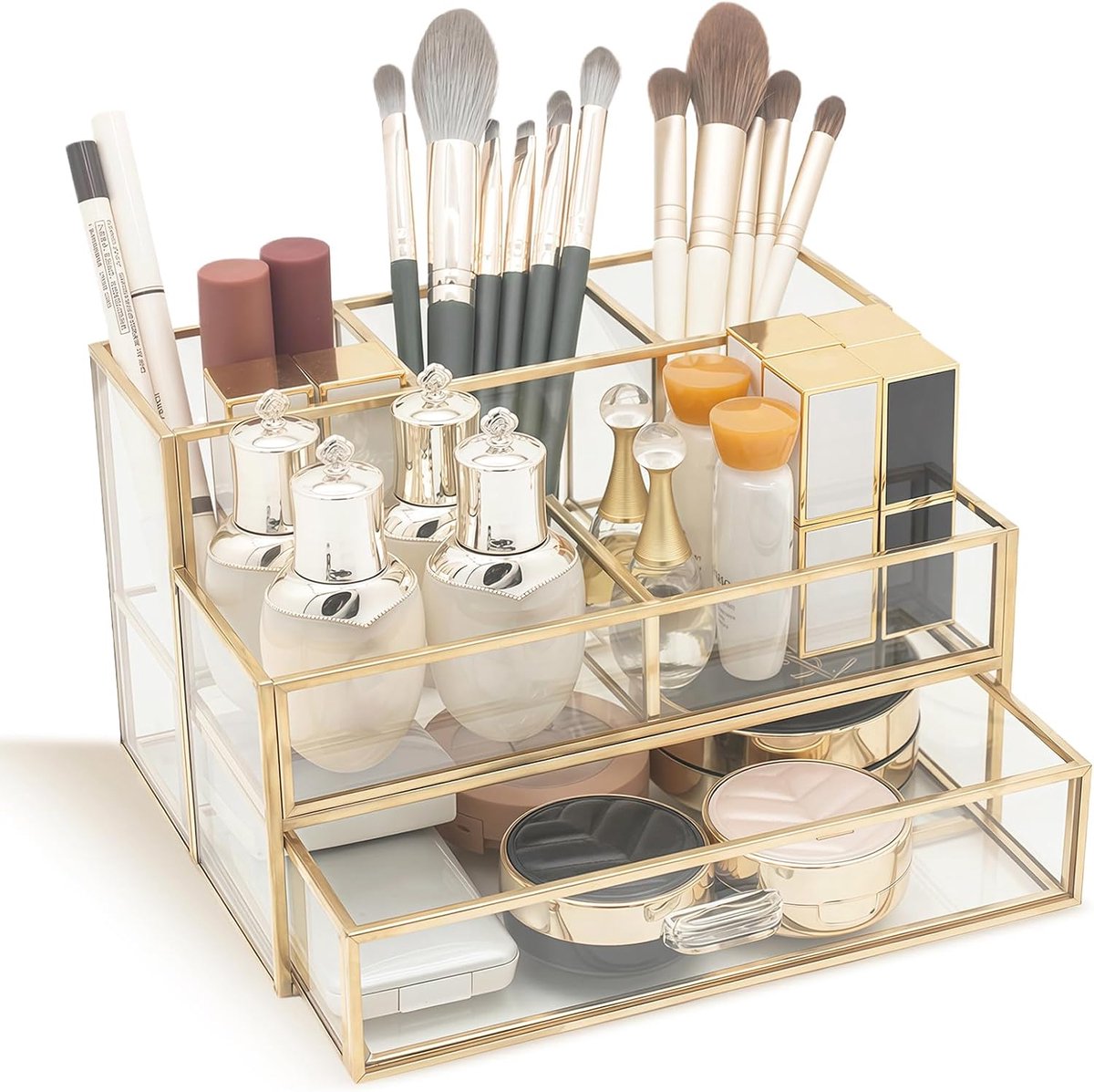 Thijox - Cosmetica-organizer met laden, luxe make-up-organizer in goud, glazen beauty-organizer, make-upkwastenhouder, stijlvolle make-upcontainer voo