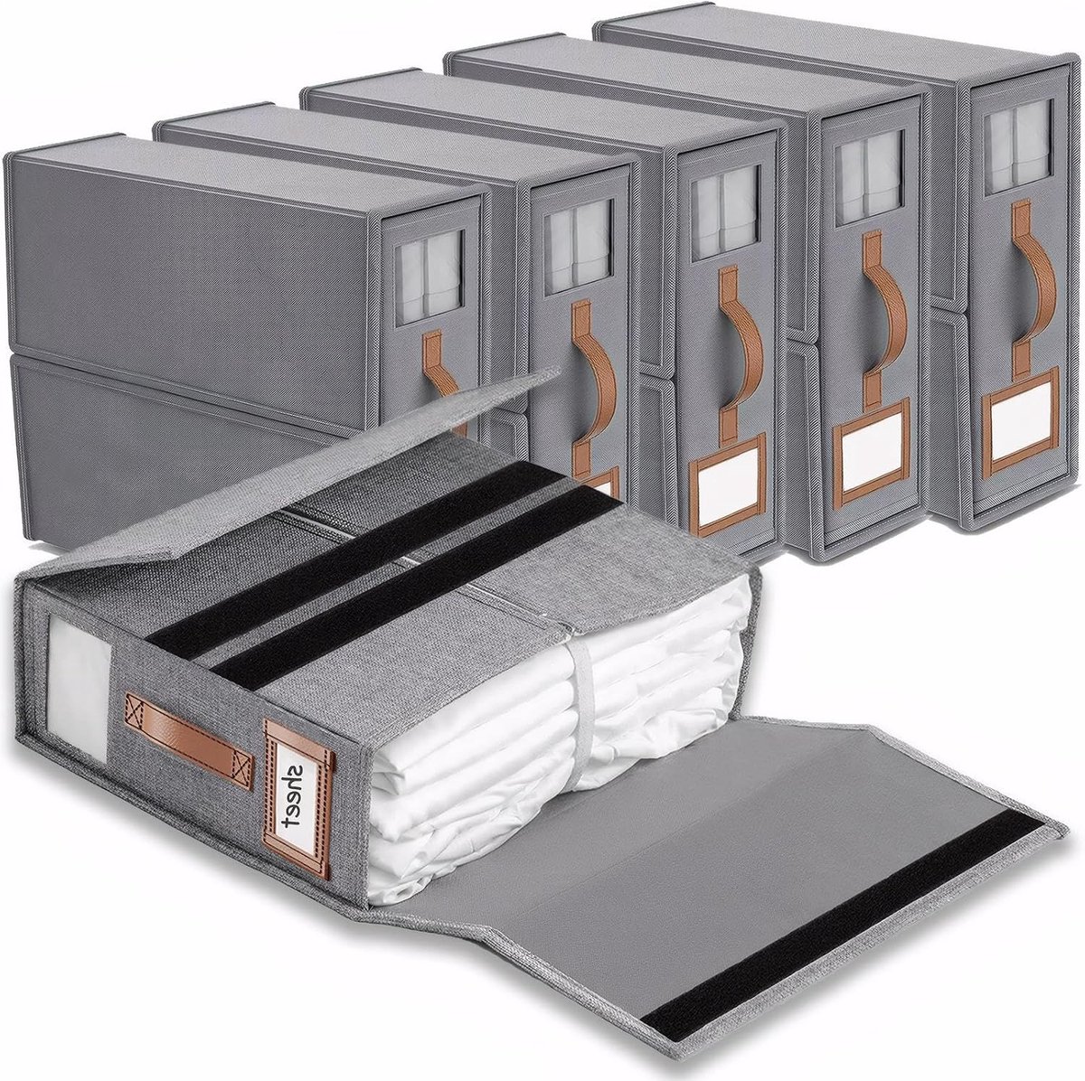 Thijox - Linnen beddengoed opbergorganizers 6 pack, opvouwbare opbergdozen met venster en label voor onder het bed, kledingkast, organiseren van laken
