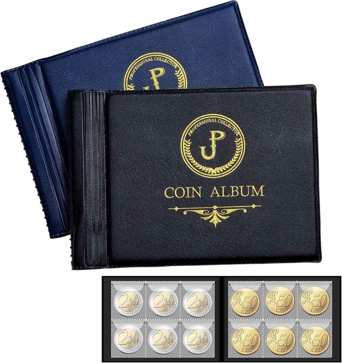 Thijox - Muntverzameling Album 120 Zakjes - 2-delige set voor Penny Verzameling, Hoogwaardige Leren Hoes, Zuurvrije PVC Binnenkant, Zakformaat 35x35mm