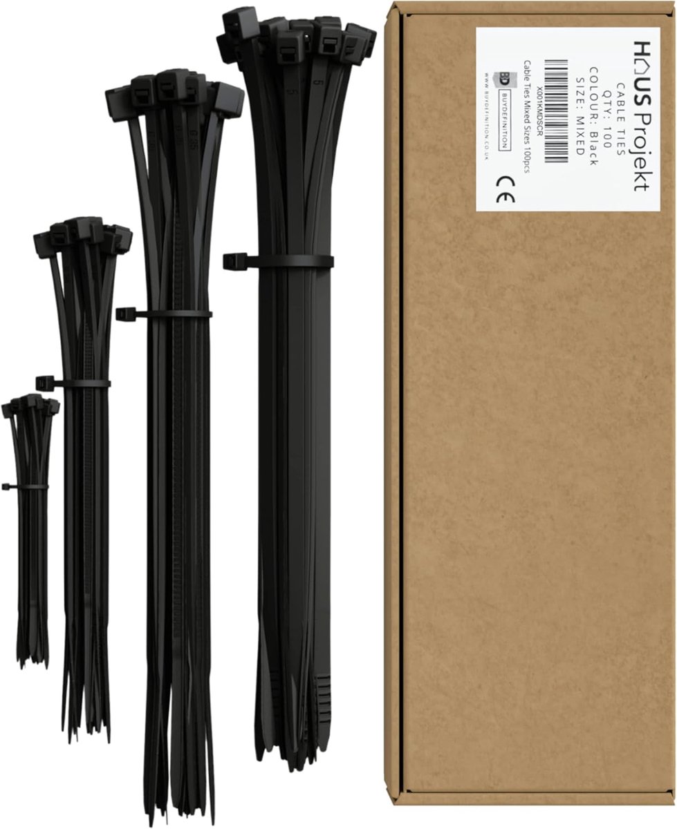 Thijox - Zwarte Kabelbinders 100 stuks - Gemengde Maten 100x2,5 mm, 200x2,5 mm, 300x3,6 mm, 300x4,8 mm - Multifunctionele Plastic Ritsbinders voor Kab