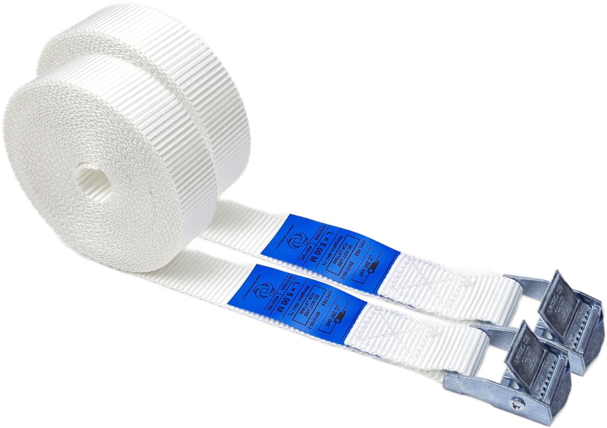 BCF-Products - Spanbanden - 5 meter - 2 stuks - Wit - Sjorband - Spanriem - Bindriem - met Gesp
