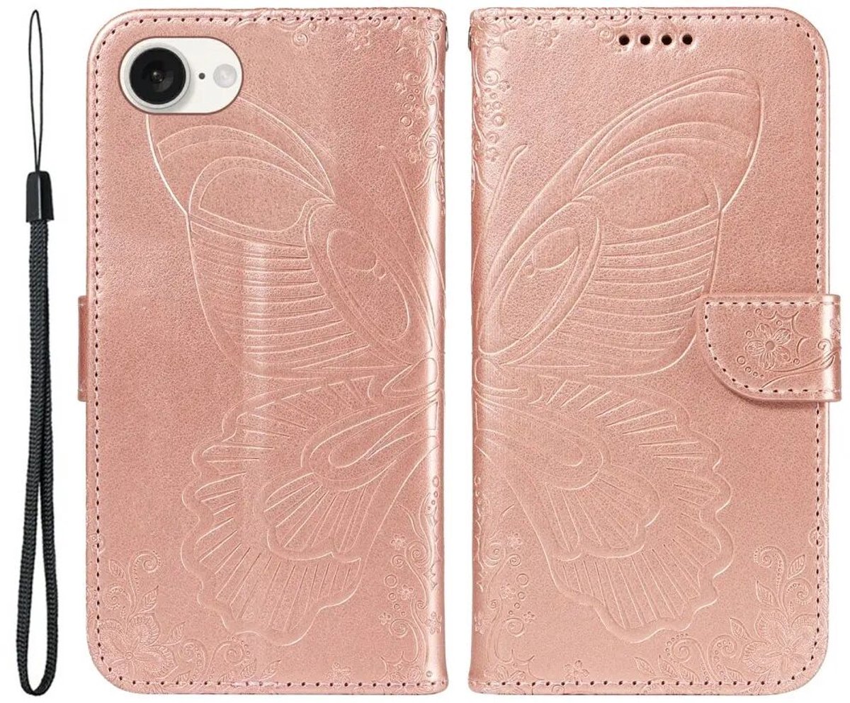 Hoesje Geschikt voor Apple iPhone 17e / 16e | Wallet Vlinder Book Case Kunstleer | Portemonnee | Standaard | Roze Goud