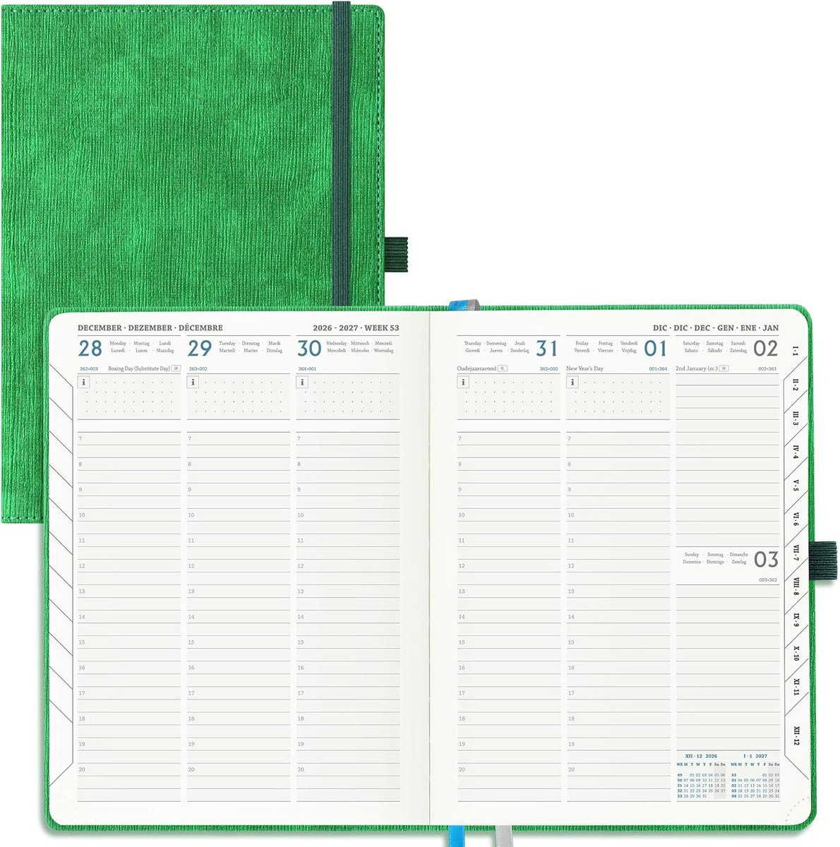 Thijox - Agenda 2026 2027 A5 Weekagenda - Schoolagenda 18 Maanden - Verticale Weekplanner van Jul.2026 tot Dec.2027 - Groen PU Lederen Kaft - 80 Grams