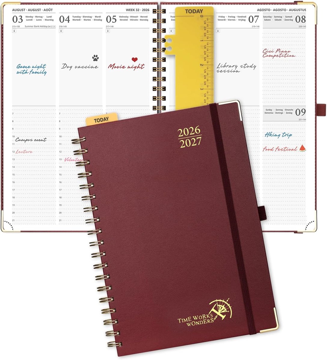 SnelShoppen - Weekly Planner 2026-2027 A4, Spiral Book School Agenda 17 Maanden, Burgondisch Rood met 80g/m² Papier, Perfect voor School en Werk