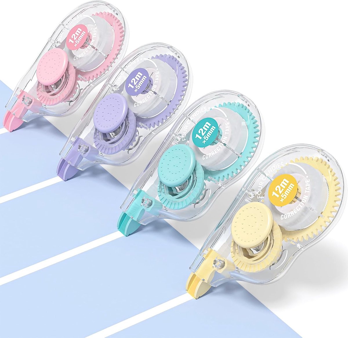 Thijox - Witte Correctietape Set van 4, 12 Meter, Scheurvaste en Sneldrogende Tape met Eenvoudige Applicator voor Kantoor en School
