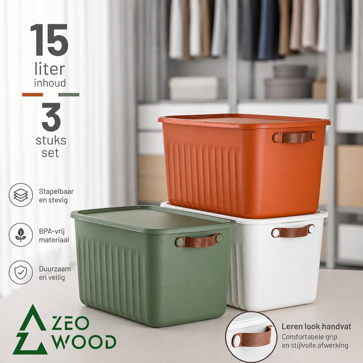Zeo Wood Opbergbox met Deksel - Opbergdozen met Deksel - Opbergmand met Deksel - Set van 3 - 15L - Multicolour