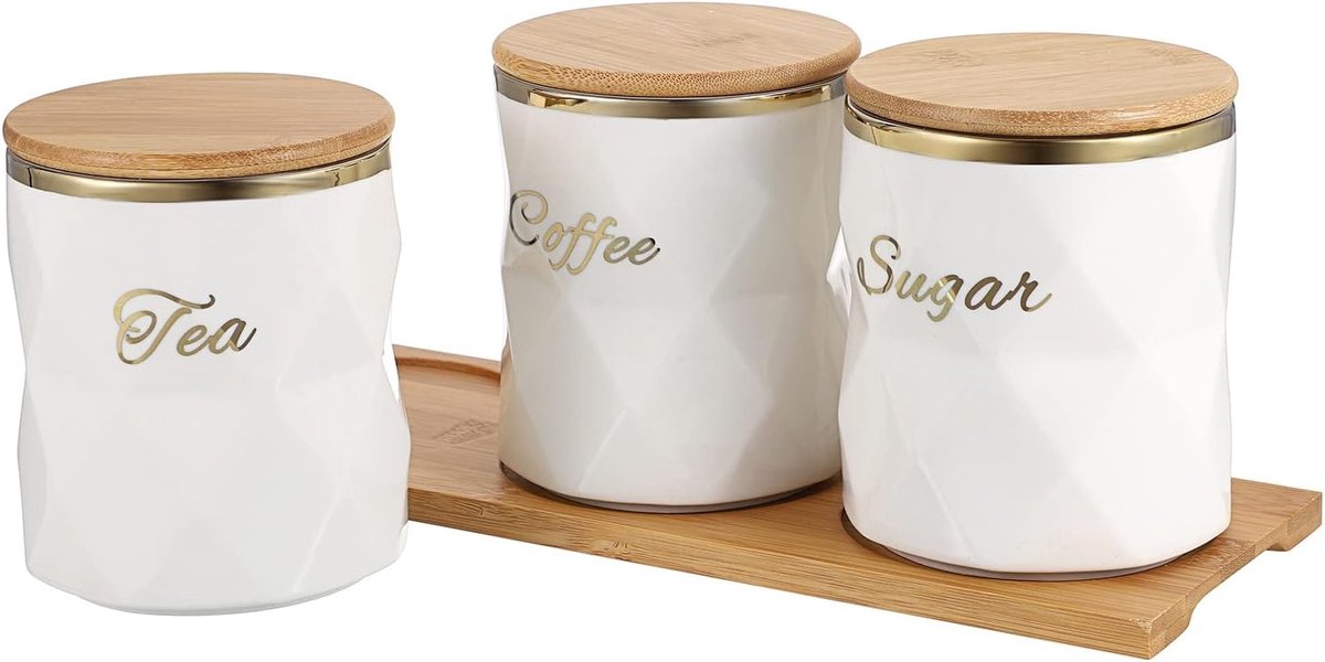 Witte keramische suiker-, koffie- en theekanisters met deksel en tray - luchtdichte set van 3 opbergcontainers voor voedselopslag in de keuken