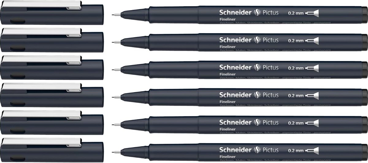 SnelShoppen - Fineliner Set van 6 Stuks, Onuitwisbare Pigmentliner met Metalen Punt, Lijndikte 0,2 mm, Gerecycled Kunststof, Zwart voor Tekenen, Schil