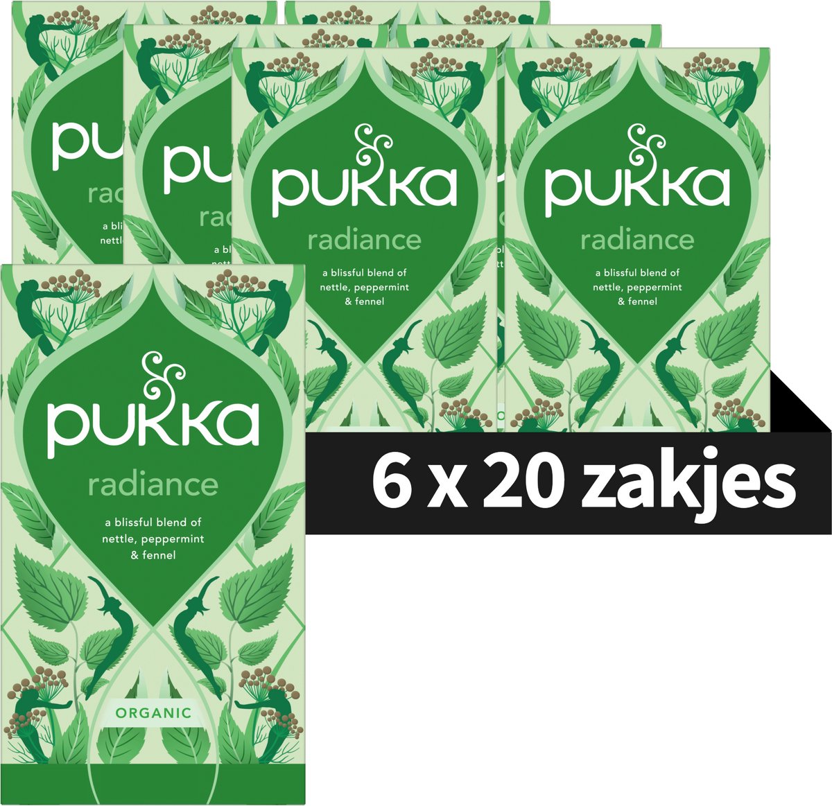 Pukka Tea Radiance - 120 Theezakjes - Biologische Kruidenthee - Brandnetel, Pepermunt & Venkel - 6 x 20 zakjes - Thee Voordeelverpakking