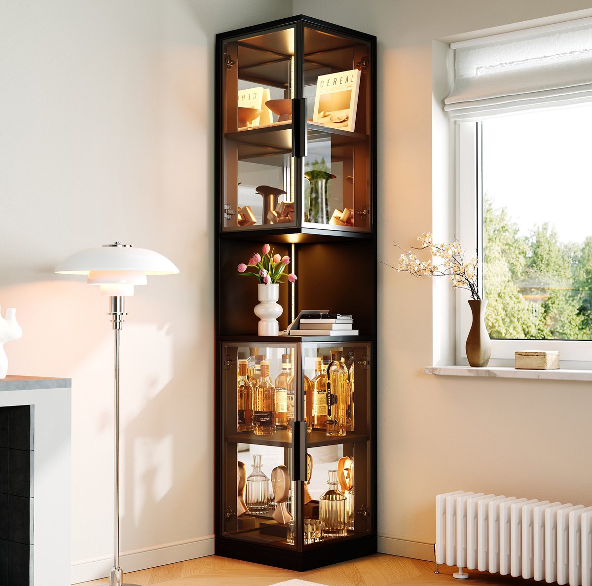 MIVRAY Boekenkast - LED Vitrinekast Met Dubbele Glazen Deuren En Spiegelachterwand - Voor Woonkamer Of Eethoek - Zwart - 42x44x205 Cm