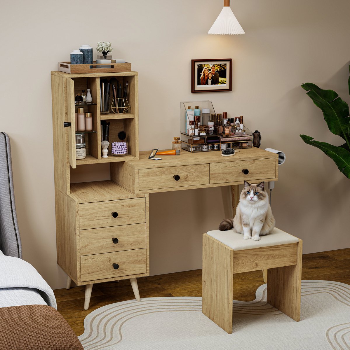 MIVRAY Kaptafel - Uitschuifbaar Blad Met Verzinkbare Spiegel En 5 Lades - Compact Voor Slaapkamer - Houtlook En Beige - 84x40x120 Cm