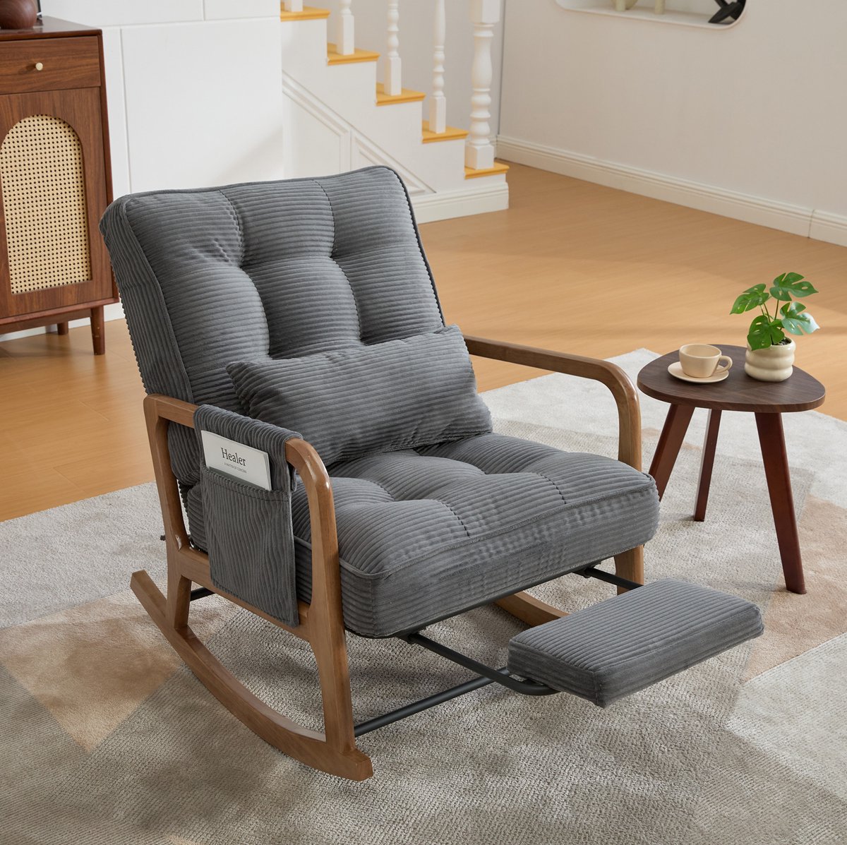 STILVORA Fauteuil - Moderne Schommelstoel Met Voetsteun - Ergonomische Relaxstoel Met Lendenkussen, Zijvak En Verstelbare Rugleuning - Voor Slaapkamer En Kinderkamer - Corduroy - Grijs