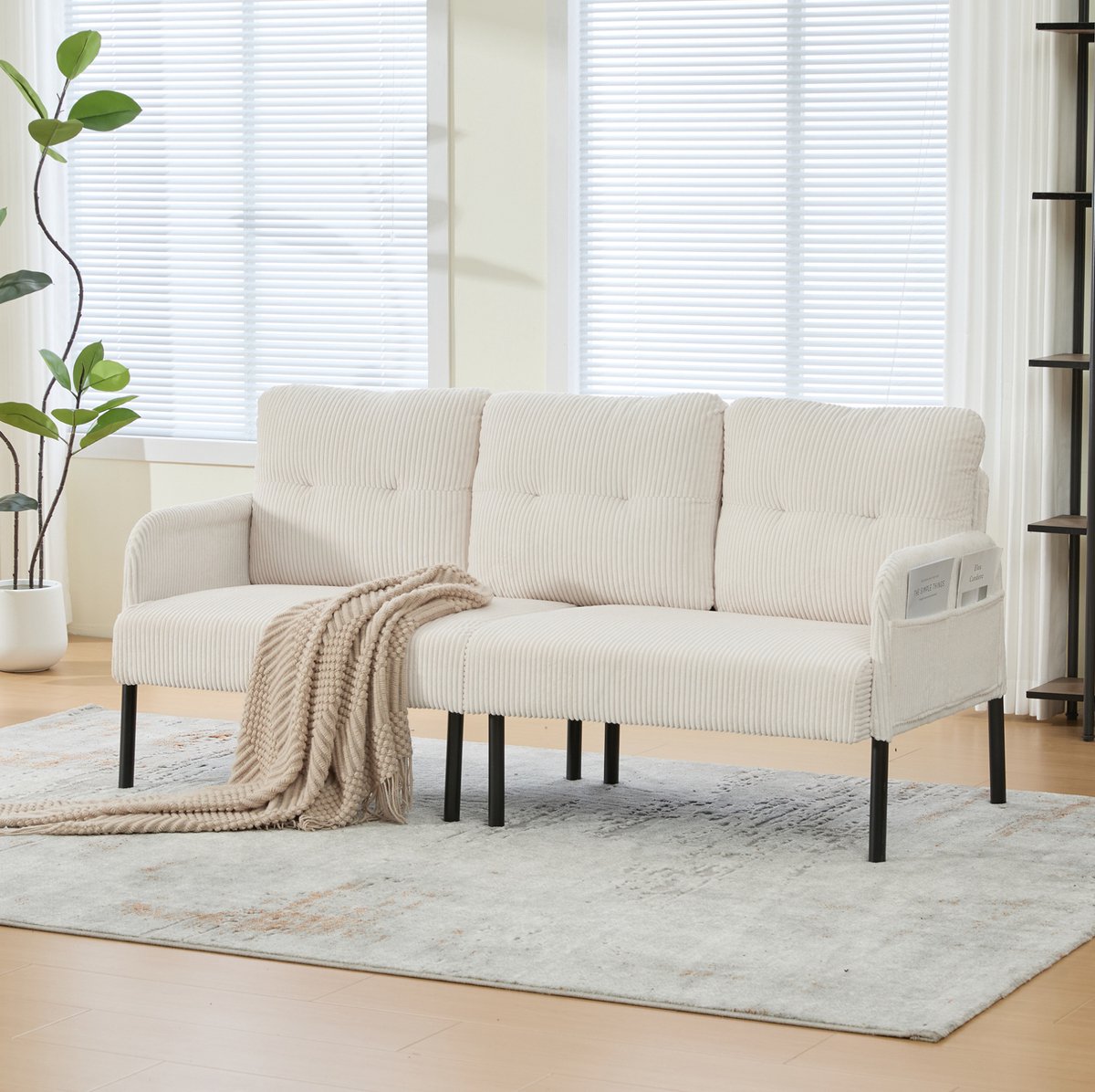 FloraGrace Zitbank 171 x 72 x 80 Cm - 3-Zits Bank Met Zijvakken En Ergonomische Rugleuning - Voor Woonkamer Of Werkkamer - Cord - Beige
