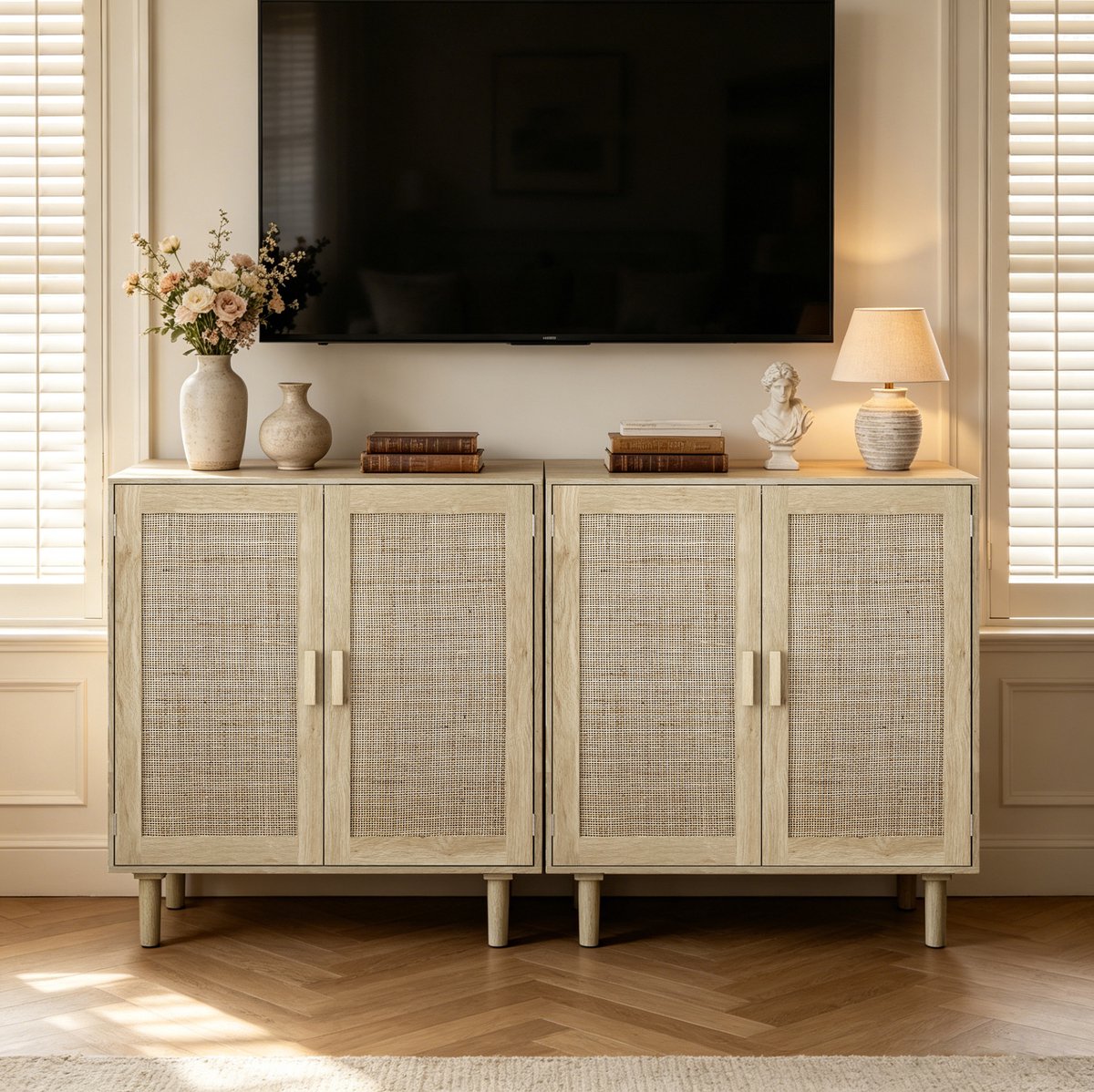 FloraGrace Dressoir - Tweedelige Rotan Opbergkast Met Magneetdeuren - Voor Woonkamer Eetkamer En Hal - MDF - 80x40x88 Cm - Naturel