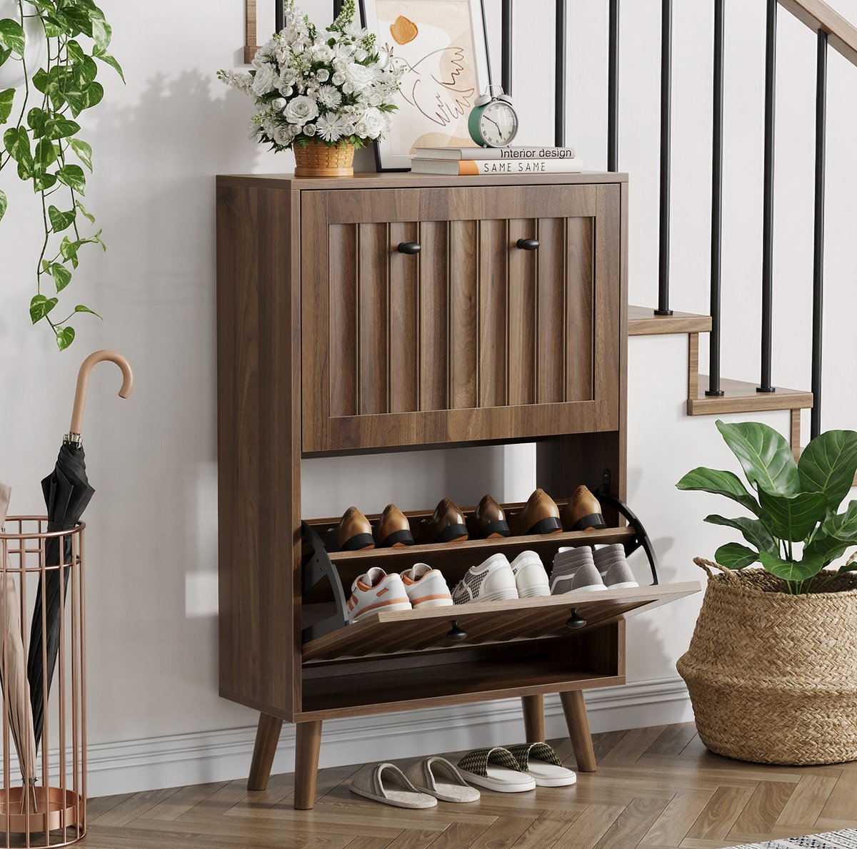 MIVRAY Schoenenkast - Staande Schoenopberger Met Verticale Ribbelstructuur En Kleppen - Voor Hal En Entree - MDF En Spaanplaat - Walnootkleur - 60x24x95 Cm