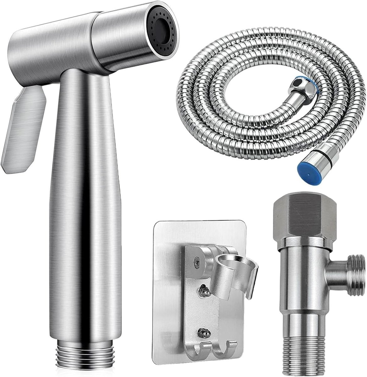 Handdouche voor bidet en toilet, roestvrijstalen handdouche met hoekventiel 1/2 en G3/8" slang voor persoonlijke hygiëne en badkameraccessoires