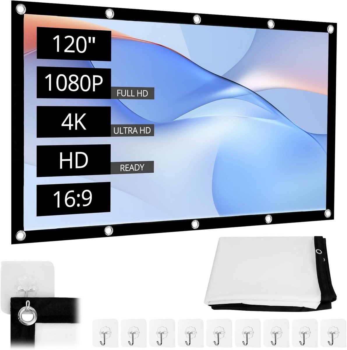 120 Inch Projectiescherm, 16:9 HD Vouwbaar Projectorscherm, 265 x 150 cm Antigeur Scherm voor Binnen en Buiten Gebruik met Accessoires