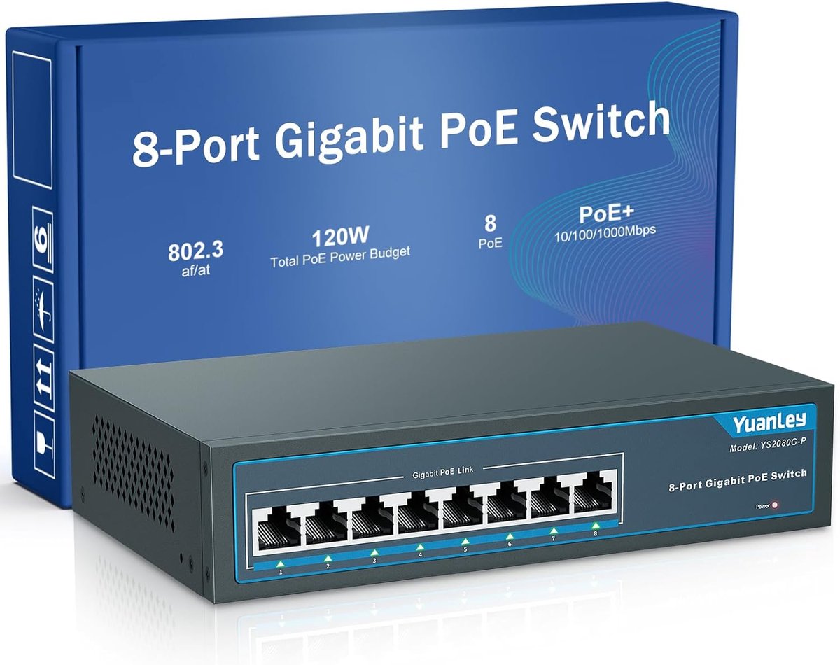 SnelShoppen - 8-poorts Gigabit PoE-schakelaar, 1000 Mbps, 120 W PoE+ onbeheerd, fanless metalen ontwerp voor netwerkapparatuur