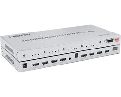 HDMI Matrix 4x4 4K @ 60Hz met Audio-Extractor - Switch 4 In 4 Uit HDMI 2.0, Ondersteuning HDR, HDCP2.2, EDID, Voor Thuisbioscoop, Gaming, TV, Projector