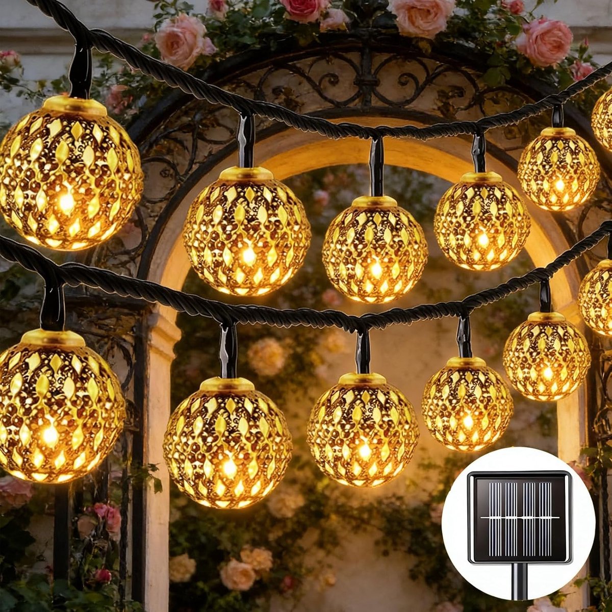 Thijox - Marokkaanse Lichtsnoer op Zonne-energie, LED Lichtketting met Zilveren Bollen, 8 Modi, IP65 Waterdicht, Tuinlampen voor Buiten, Balkon, Terra