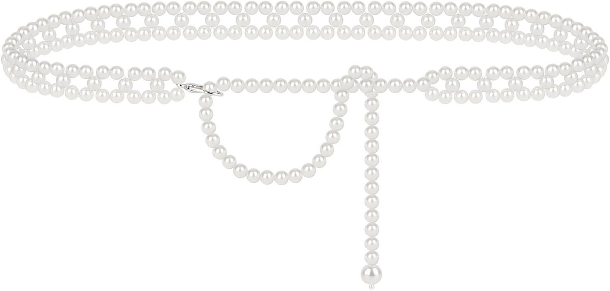 Stijlvolle Plus Size Kettingriem voor Dames met Witte Parels, Verstelbare en Rekbare Taille Accessoire van 149 cm voor een Elegante Look