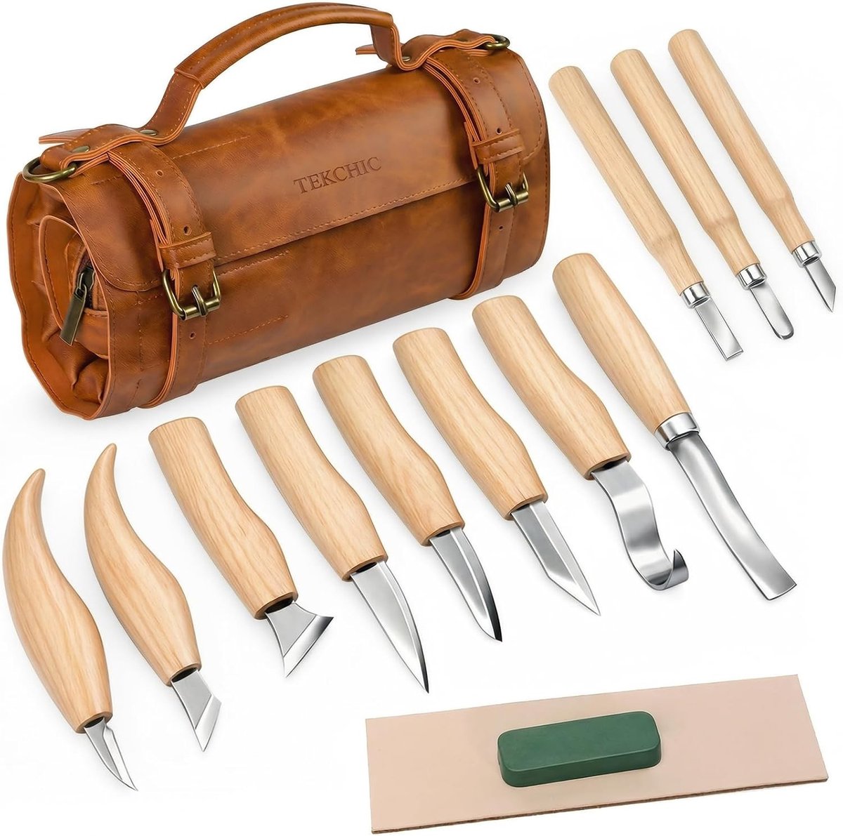 Complete Houtsnijset van 14 Stukken met PU Leren Tas voor Beginners en Professionals, Ideaal voor Houtsnijwerk en Creatieve Projecten