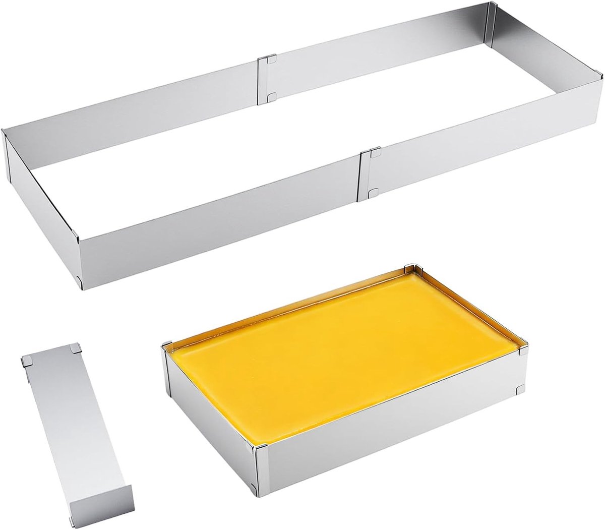 Verstelbare rechthoekige bakvorm set van 2, roestvrijstalen vierkante bakvorm met divider en spatel voor het bakken en decoreren van taarten, pizza en gebak (27,5 x 18,5 cm tot 52,5 x 34 cm)