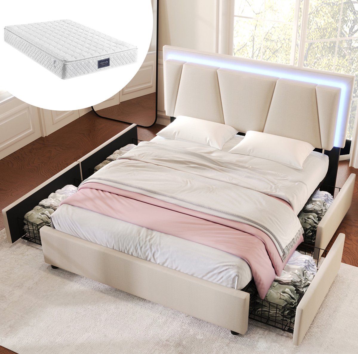 FloraGrace Gestoffeerd Bed 160x200 cm - Met Ledverlichting en Verstelbaar Hoofdbord - 4 Opberglades - Tweepersoons - Stof Hout Metaal - Beige - Met Matras