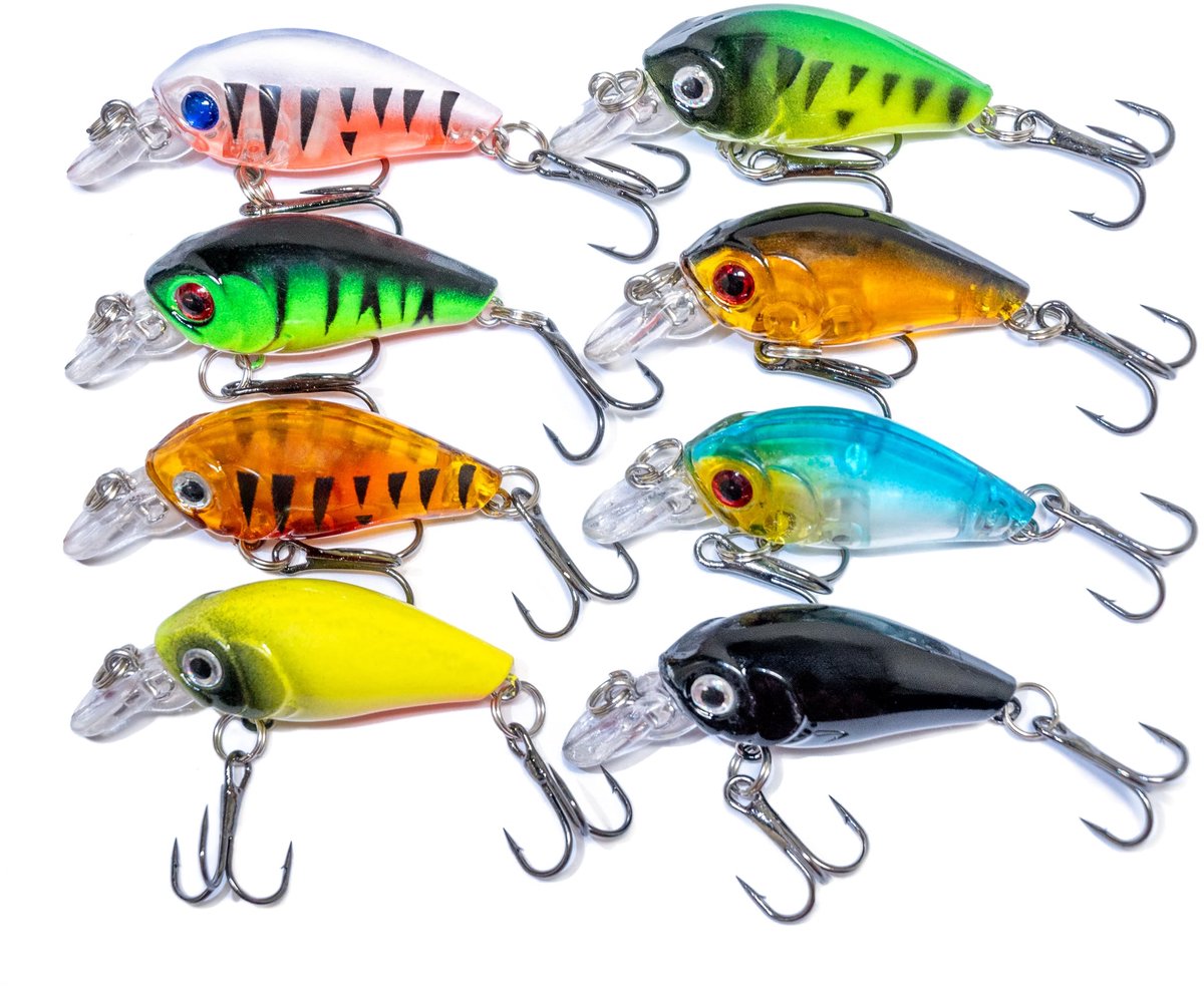 Crankbaits kunstaas voor roofvisvissen, met aasdoos | 8 kleuren, 4cm lengte, 3,7g gewicht | Ideaal voor snoekbaars, baars, snoek, forel | Angelset voor beginners en