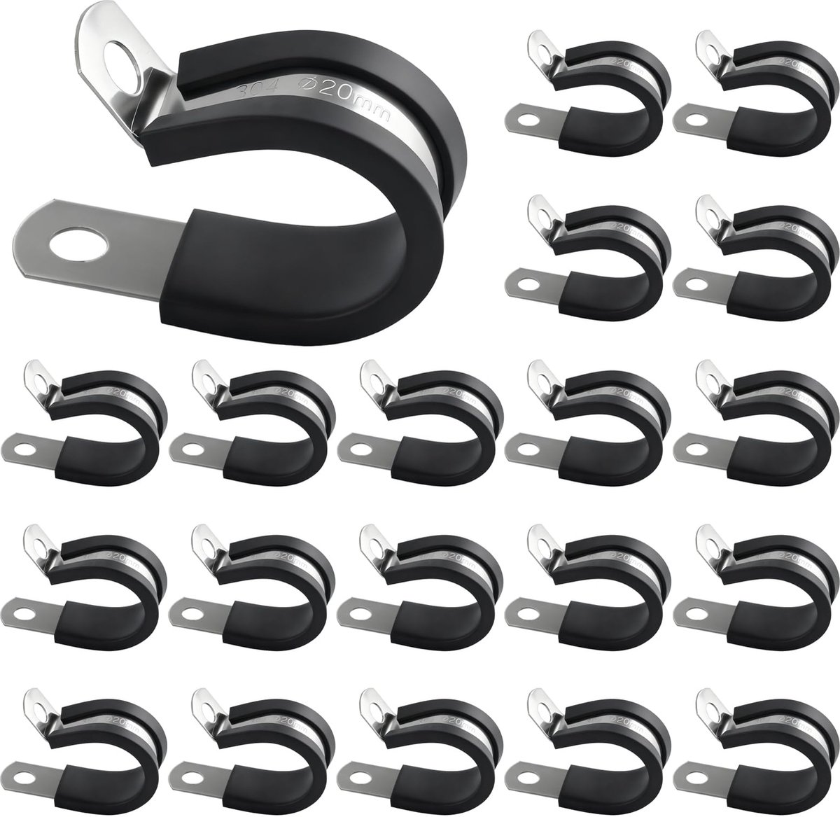 20 stuks roestvrijstalen met rubber gevoerde P-clips, R-vorm slangklemmen, met rubber gevoerde pijpclips, metalen draadkabelklemmen, buisbevestigingsclip voor slang, pijp, kabel, draad, buis