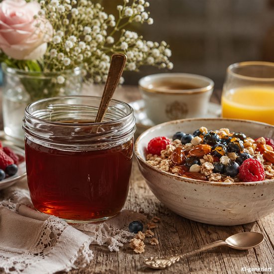 Glazen pot met donkere honing, naast een kom muesli met fruit en noten, op een houten tafel.
