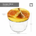Glazen pot van 230ml met honingraatdeksel, met afmetingen.