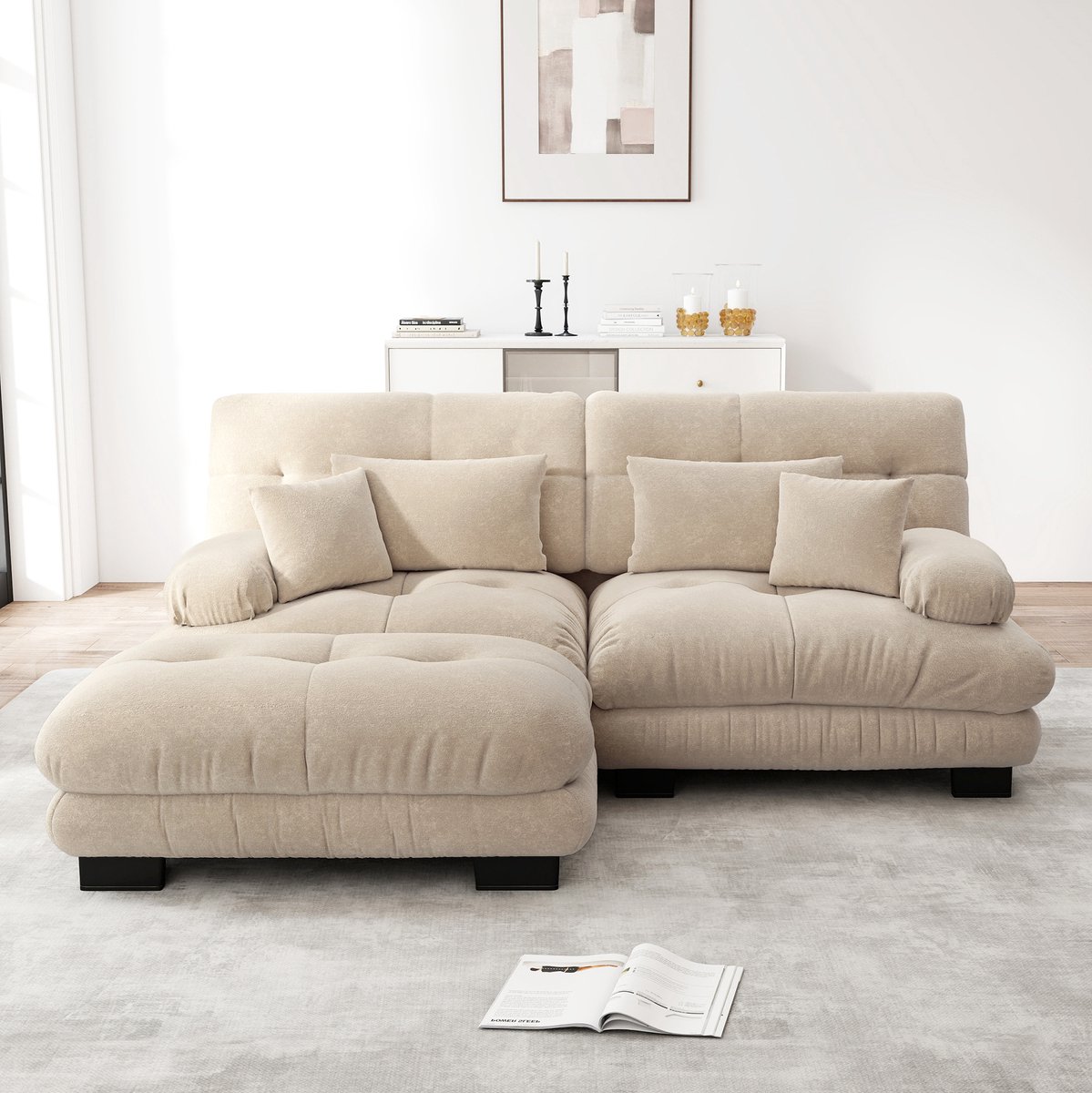 MIVRAY Hoekbank 220 x 145 cm - Modulair Cloud Sofa Met Verplaatsbare Ottoman En Kussens - Voor Woonkamer - Chenille Lichtkoffie