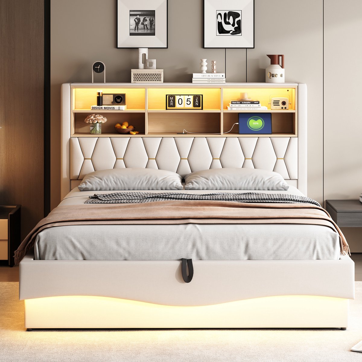 MEUNIQ gestoffeerd bed 180 x 200 cm met hydraulische opbergruimte, LED-verlichting, USB-aansluiting, metalen lattenbodem en open vak voor slaapkamer, beige