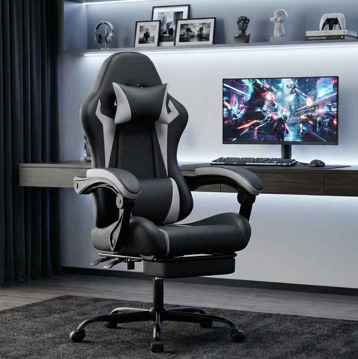 MIVRAY Gamingstoel 66 x 78 x 127 cm - Ergonomisch Met Hoofdsteun, Lendenkussen En Uitschuifbare Voetsteun - Voor Kantoor En Gamen - Kunstleer Zwart Wit