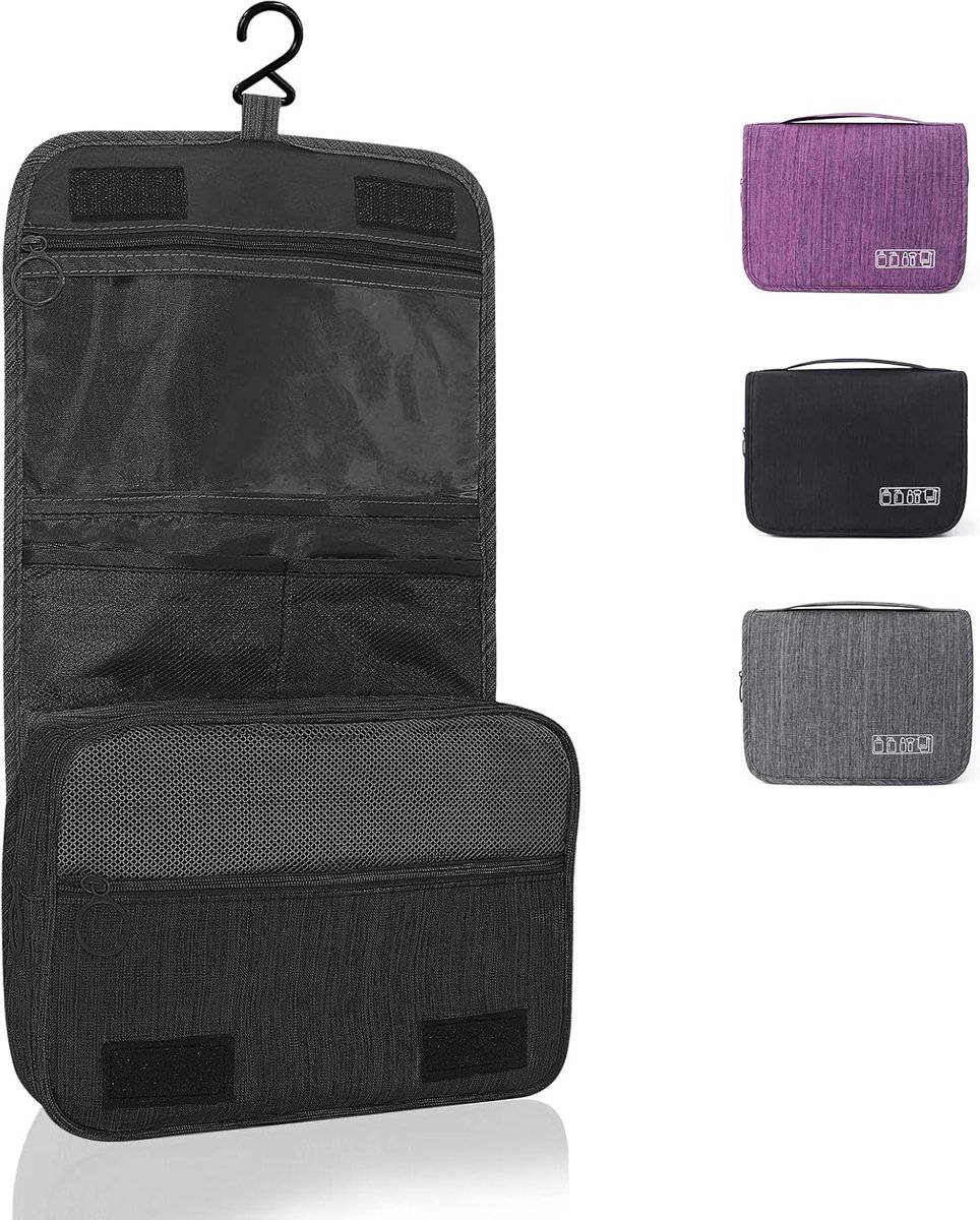 Thijox - Toilettas om op te hangen, opvouwbare toilettas, cosmeticatas met draaggreep, zwart, Large, multifunctioneel voor mannen en vrouwen, ideaal v