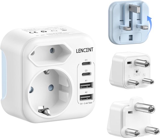 Witte reisadapter met 2 USB-C, 2 USB-A poorten en universele stopcontact. Toont ook de Type G, D en M stekkers.