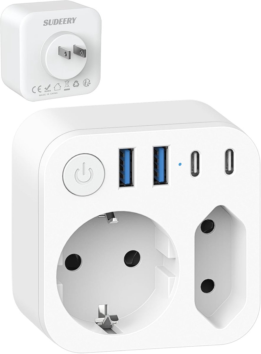 SnelShoppen - Duitsland naar Japan Adapter met 4 USB Poorten (2 Type C) - 2-Weg Reisadapter Schuko naar Type A voor USA, Japan, Canada - Wit - 6 in 1