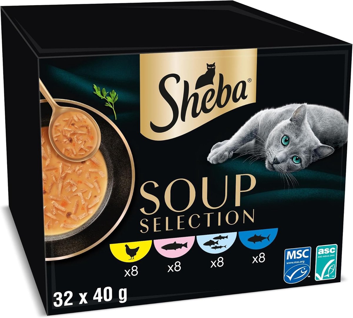 Sheba Sheba Kattenvoer - Soep Natvoer - Mix (kip, tonijn, zeevis en zalm) - 32 x 40 g - Soup Selection