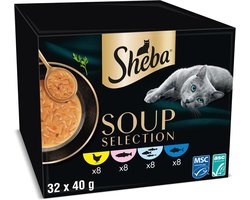 Sheba Kattenvoer - Soep Natvoer - Mix (kip, tonijn, zeevis en zalm) - 32 x 40 g - Soup Selection