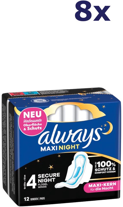 Always Maxi Night Maandverband Maat 4 - Wings - 8 x 12 Stuks - 96 Maandverbanden - Voordeelverpakking