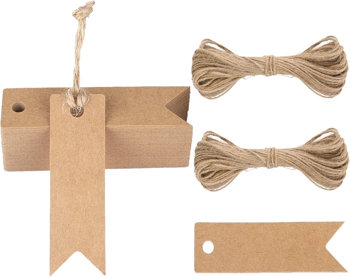 Kraft Papieren Labels 7 x 2 cm, Mini Cadeaulabels, Set van 100 Met Jute Touw voor Creatieve Projecten