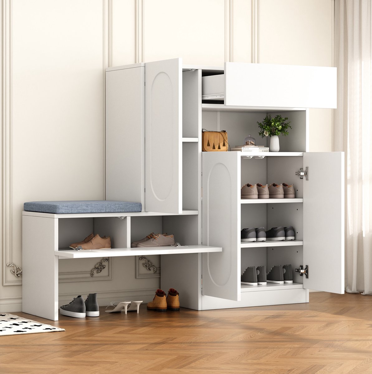 HAUSS SPOLE Schoenenkast - 2 In 1 Met Zitting En Softclose Klepdeuren - Verstelbare Vakken Voor Hal En Entree - Spaanplaat - 130x35x110 Cm - Wit