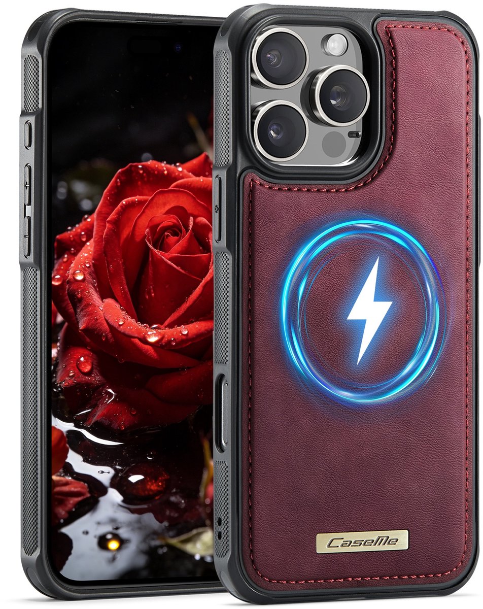 CaseMe Hoesje - Geschikt voor iPhone 16 Pro Hoesje - CaseMe C69 Leather Back Cover - MagSafe Compatible - Rood