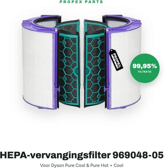 HEPA-vervangingsfilter 969048-05, voor Dyson Pure Cool & Pure Hot + Cool. Wit filter met paarse randen en een turquoise binnenwerk.