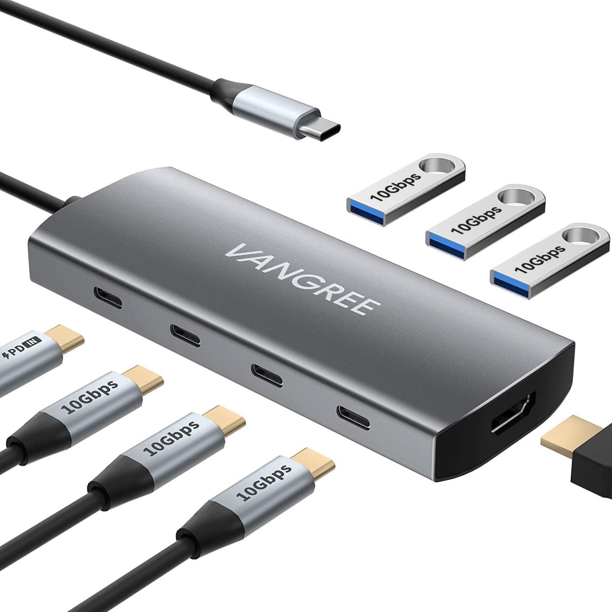 Thijox - USB C Hub met 3 USB 3.2 Gen 2 Poorten, 4K HDMI, 100W Power Delivery, Multiport Adapter voor MacBook Pro/Air, iPad Pro, Mac mini en Meer