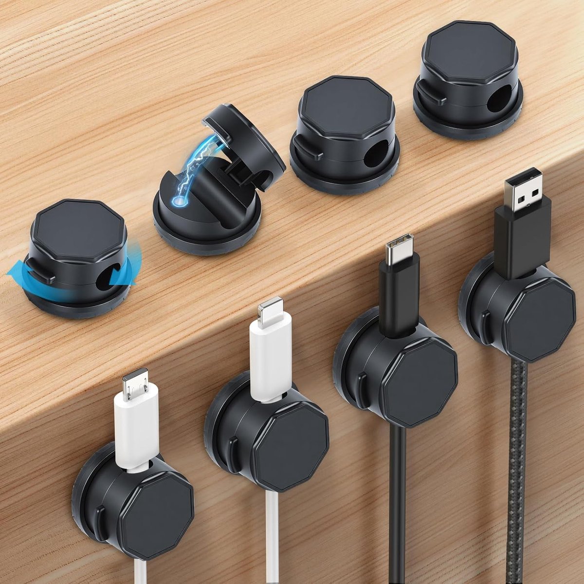 Thijox - Kabelorganizer 8 Stuks, 360° Draaibare Magnetische Kabelhouder, Zelfklevende Kabelclips voor Bureau, Nachtkastje, Auto, Kantoor, Zwart