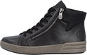 Zwarte leren hoge sneaker met rits en vetersluiting, grijze zool.