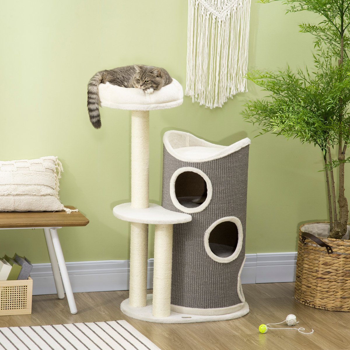 HAUSS SPOLE Krabpaal - Krabton Met 3 Niveaus En Kattenbed - 60 x 44,5 x 109 cm - Multiplex, Sisal En Pluche - Wit - Voor Krabben En Rusten
